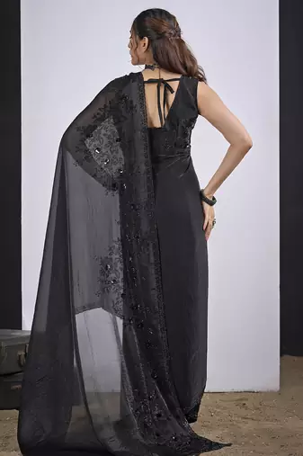 Black cut dana sequin embroidered work two tone satin silk blend saree sari