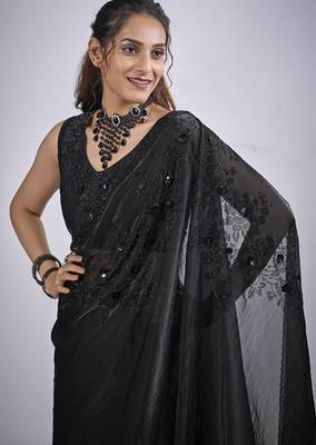 Black cut dana sequin embroidered work two tone satin silk blend saree sari 5