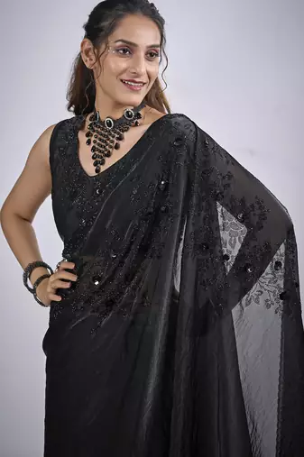 Black cut dana sequin embroidered work two tone satin silk blend saree sari