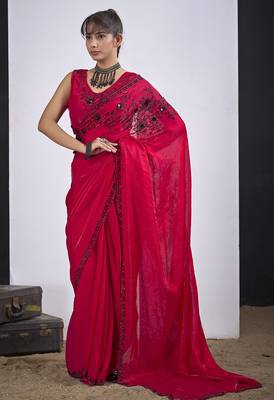 Magenta cut dana sequin embroidered work two tone satin silk blend saree sari 1