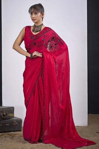 Magenta cut dana sequin embroidered work two tone satin silk blend saree sari