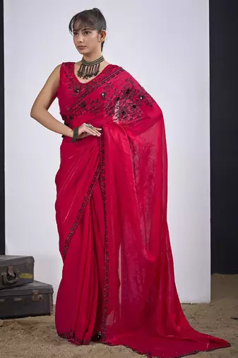 Magenta cut dana sequin embroidered work two tone satin silk blend saree sari
