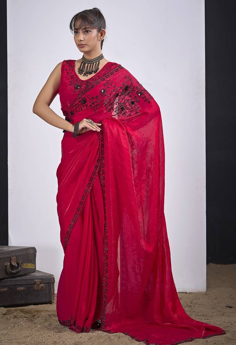 Magenta cut dana sequin embroidered work two tone satin silk blend saree sari