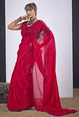 Magenta cut dana sequin embroidered work two tone satin silk blend saree sari 2