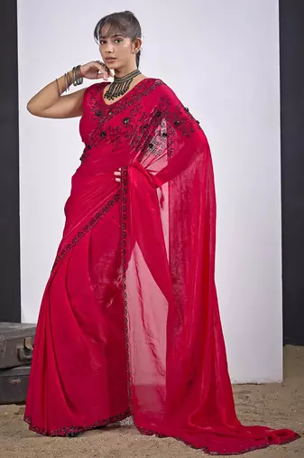 Magenta cut dana sequin embroidered work two tone satin silk blend saree sari
