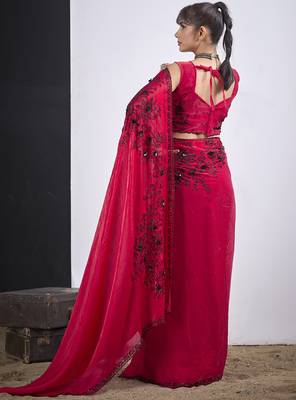 Magenta cut dana sequin embroidered work two tone satin silk blend saree sari 3
