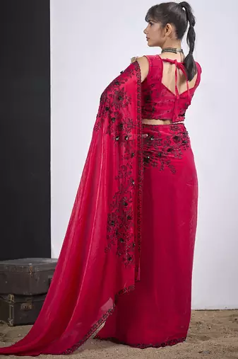 Magenta cut dana sequin embroidered work two tone satin silk blend saree sari