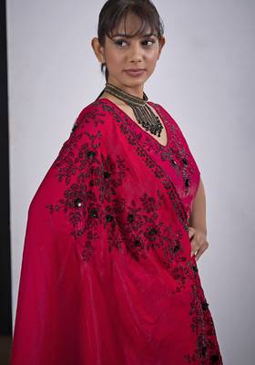 Magenta cut dana sequin embroidered work two tone satin silk blend saree sari 4