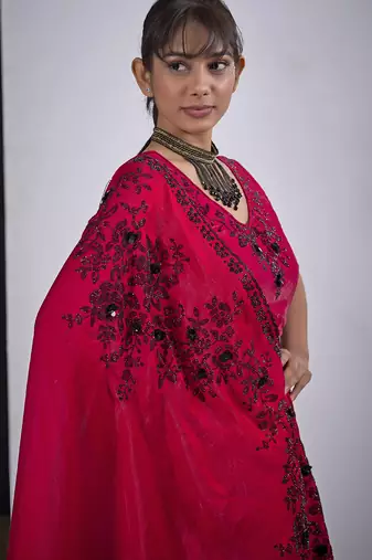 Magenta cut dana sequin embroidered work two tone satin silk blend saree sari