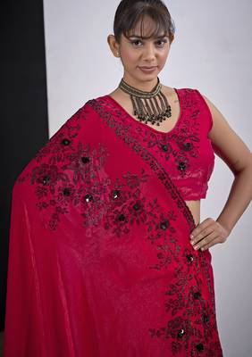 Magenta cut dana sequin embroidered work two tone satin silk blend saree sari 5
