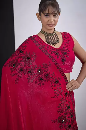 Magenta cut dana sequin embroidered work two tone satin silk blend saree sari