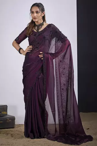 Wine cut dana sequin embroidered work two tone satin silk blend saree sari