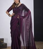 Wine cut dana sequin embroidered work two tone satin silk blend saree sari