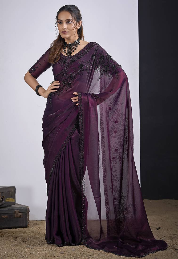 Wine cut dana sequin embroidered work two tone satin silk blend saree sari