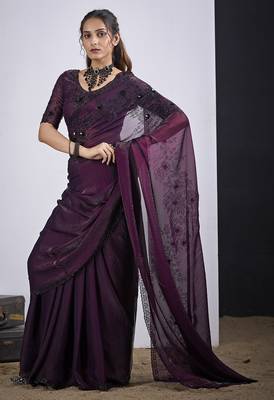 Wine cut dana sequin embroidered work two tone satin silk blend saree sari 2