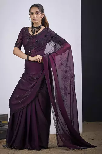 Wine cut dana sequin embroidered work two tone satin silk blend saree sari
