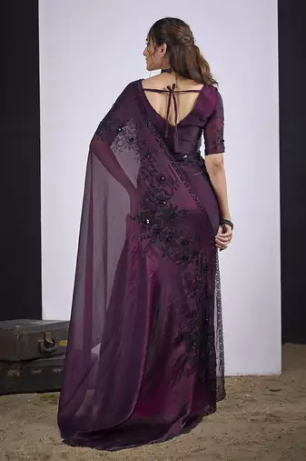 Wine cut dana sequin embroidered work two tone satin silk blend saree sari
