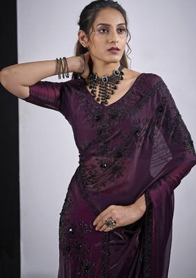 Wine cut dana sequin embroidered work two tone satin silk blend saree sari 4