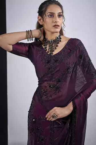 Wine cut dana sequin embroidered work two tone satin silk blend saree sari
