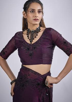 Wine cut dana sequin embroidered work two tone satin silk blend saree sari 5