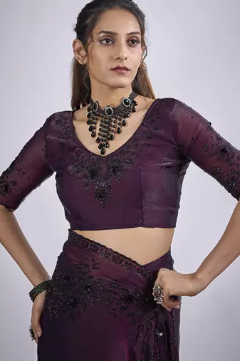 Wine cut dana sequin embroidered work two tone satin silk blend saree sari