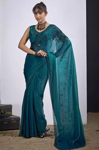 Teal cut dana sequin embroidered work two tone satin silk blend saree sari