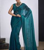 Teal cut dana sequin embroidered work two tone satin silk blend saree sari