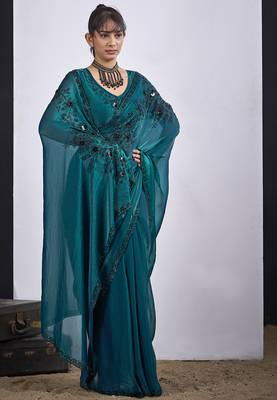 Teal cut dana sequin embroidered work two tone satin silk blend saree sari 2