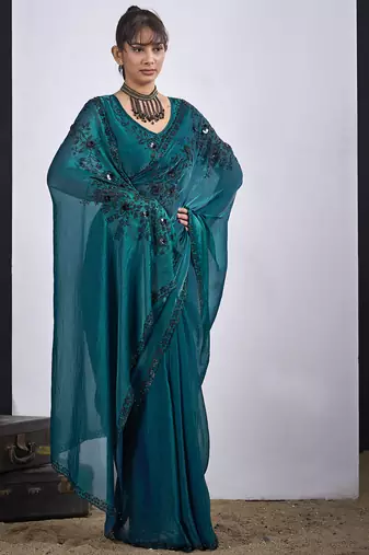Teal cut dana sequin embroidered work two tone satin silk blend saree sari