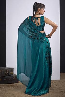 Teal cut dana sequin embroidered work two tone satin silk blend saree sari 3