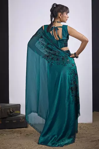 Teal cut dana sequin embroidered work two tone satin silk blend saree sari