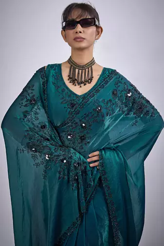 Teal cut dana sequin embroidered work two tone satin silk blend saree sari