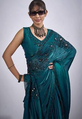 Teal cut dana sequin embroidered work two tone satin silk blend saree sari 5