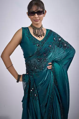 Teal cut dana sequin embroidered work two tone satin silk blend saree sari