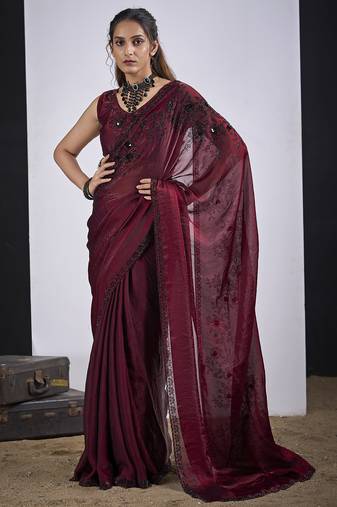 Maroon cut dana sequin embroidered work two tone satin silk blend saree sari