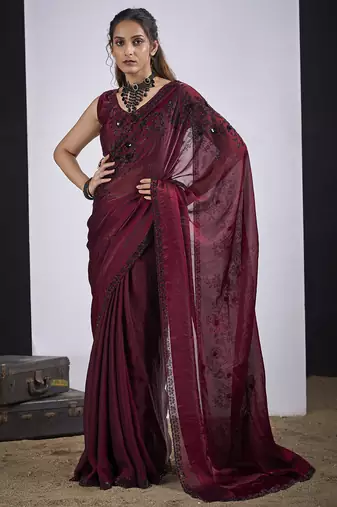 Maroon cut dana sequin embroidered work two tone satin silk blend saree sari