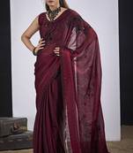 Maroon cut dana sequin embroidered work two tone satin silk blend saree sari