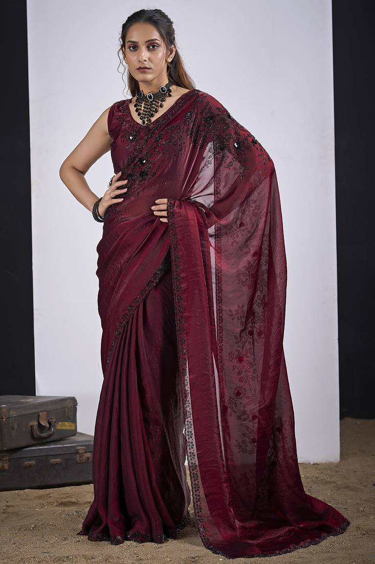 Maroon cut dana sequin embroidered work two tone satin silk blend saree sari