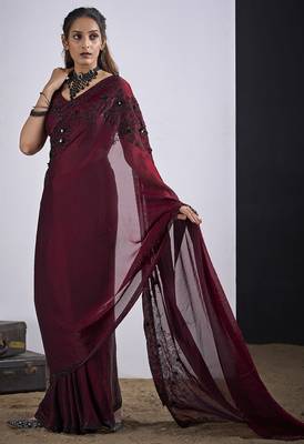 Maroon cut dana sequin embroidered work two tone satin silk blend saree sari 2