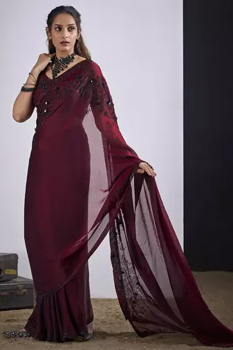 Maroon cut dana sequin embroidered work two tone satin silk blend saree sari