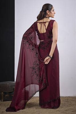 Maroon cut dana sequin embroidered work two tone satin silk blend saree sari 3