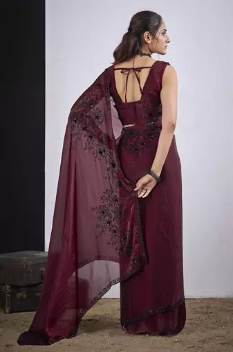 Maroon cut dana sequin embroidered work two tone satin silk blend saree sari
