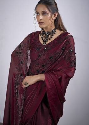 Maroon cut dana sequin embroidered work two tone satin silk blend saree sari 4