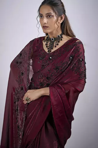 Maroon cut dana sequin embroidered work two tone satin silk blend saree sari