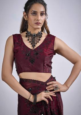 Maroon cut dana sequin embroidered work two tone satin silk blend saree sari 5