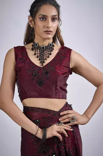 Maroon cut dana sequin embroidered work two tone satin silk blend saree sari