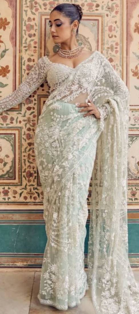 Light sky blue net saree with sequins embroidery work