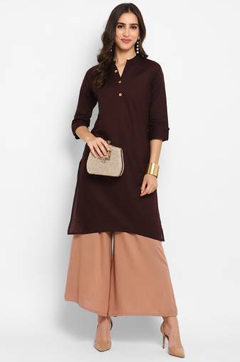 Women's solid brown straight cotton kurta with mandarin collar and 3/4 fold-up sleeves