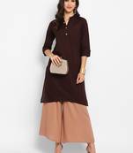 Women's solid brown straight cotton kurta with mandarin collar and 3/4 fold-up sleeves