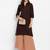 Women's solid brown straight cotton kurta with mandarin collar and 3/4 fold-up sleeves